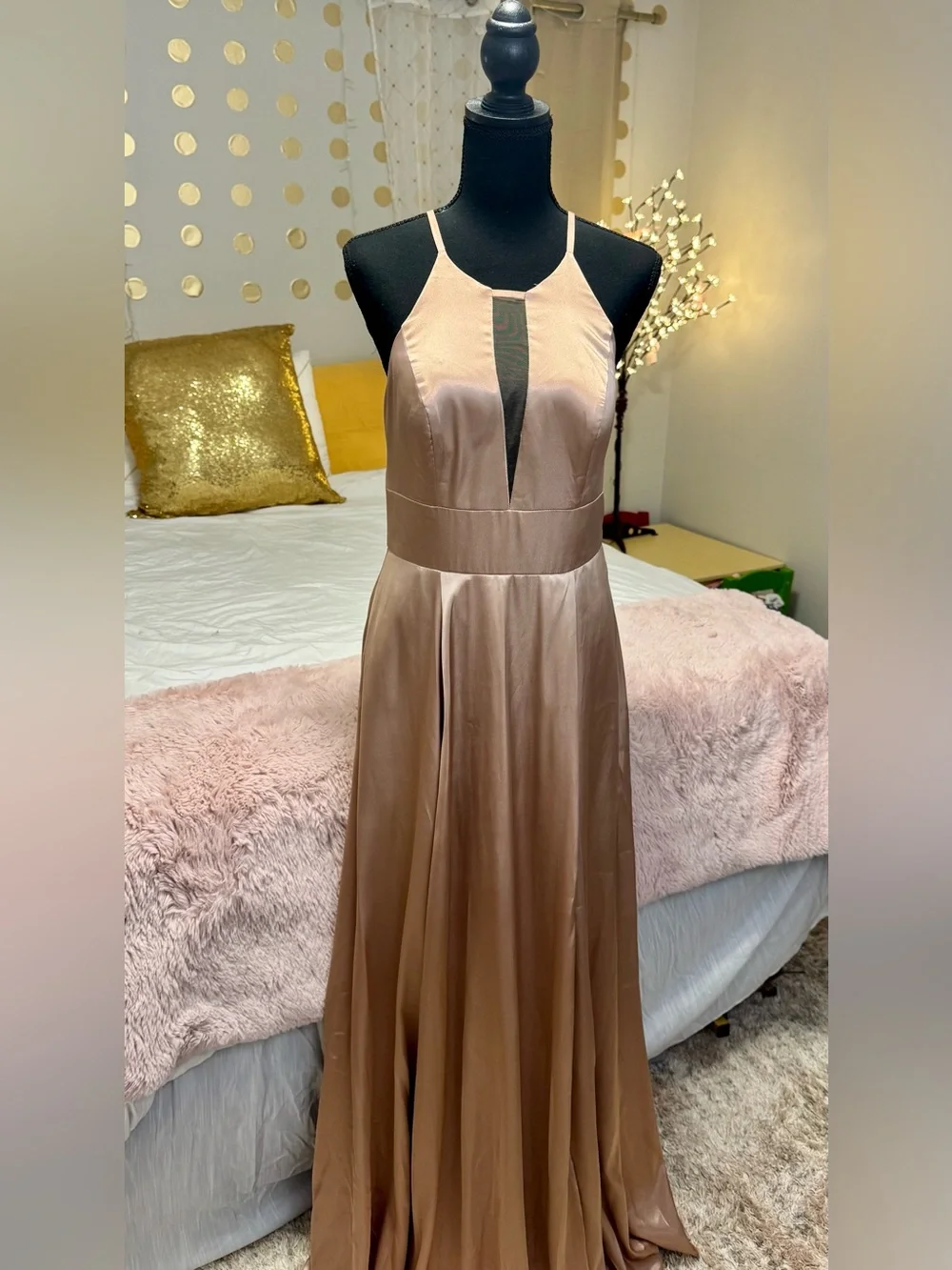 David’s Bridal Satin Charmeuse Bridesmaid Dress Size 8 Champagne Slit Backless - Picture 7 of 7